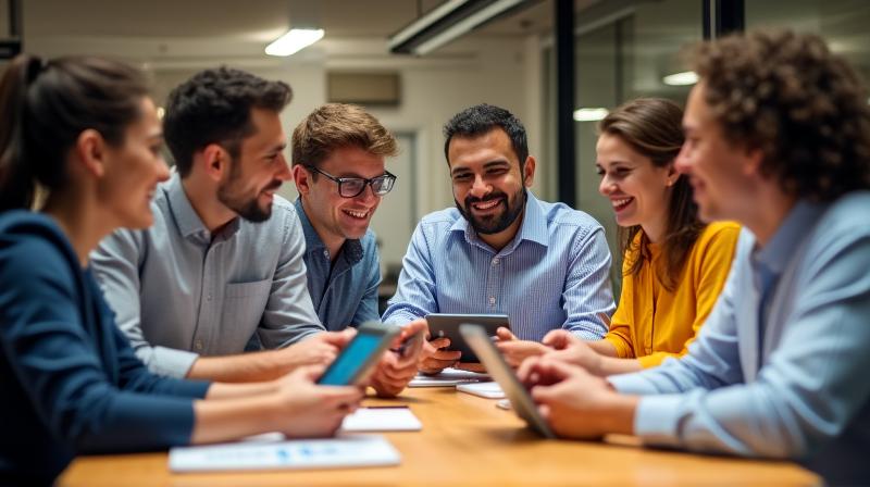 Equipo de consultores de recursos humanos colaborando con tecnología moderna